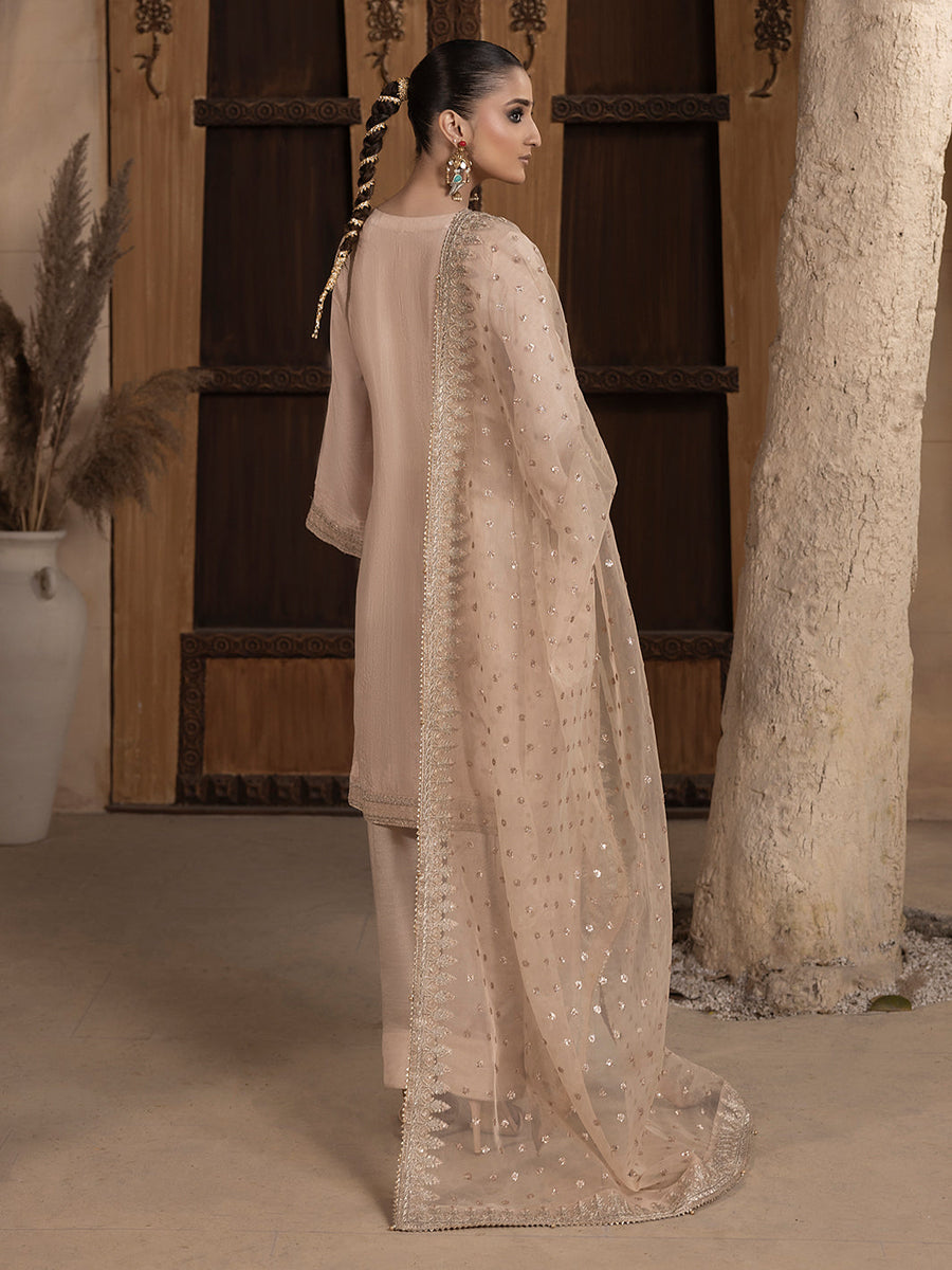 Hemstitch Embroidered Raw Silk Ready to Wear 3Pc Suit - Janan