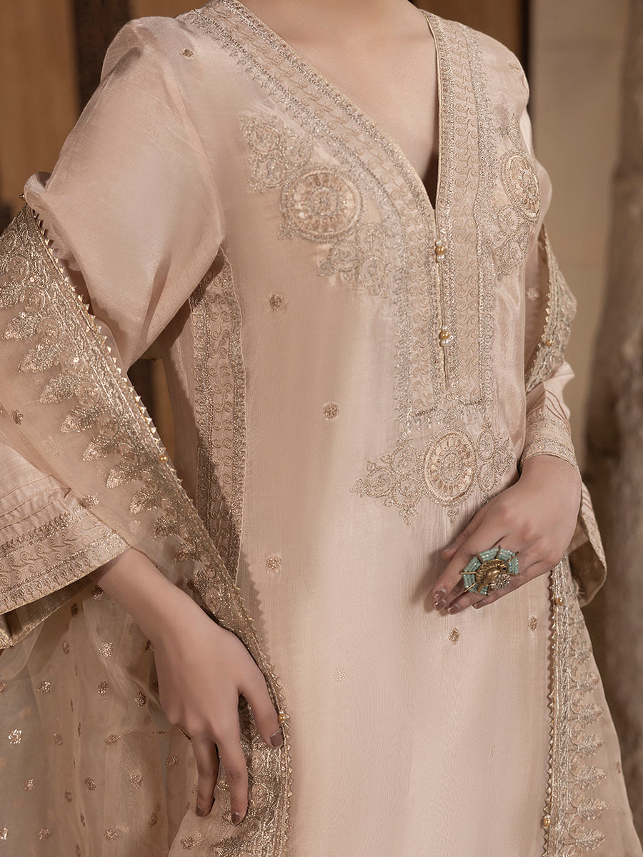 Hemstitch Embroidered Raw Silk Ready to Wear 3Pc Suit - Janan