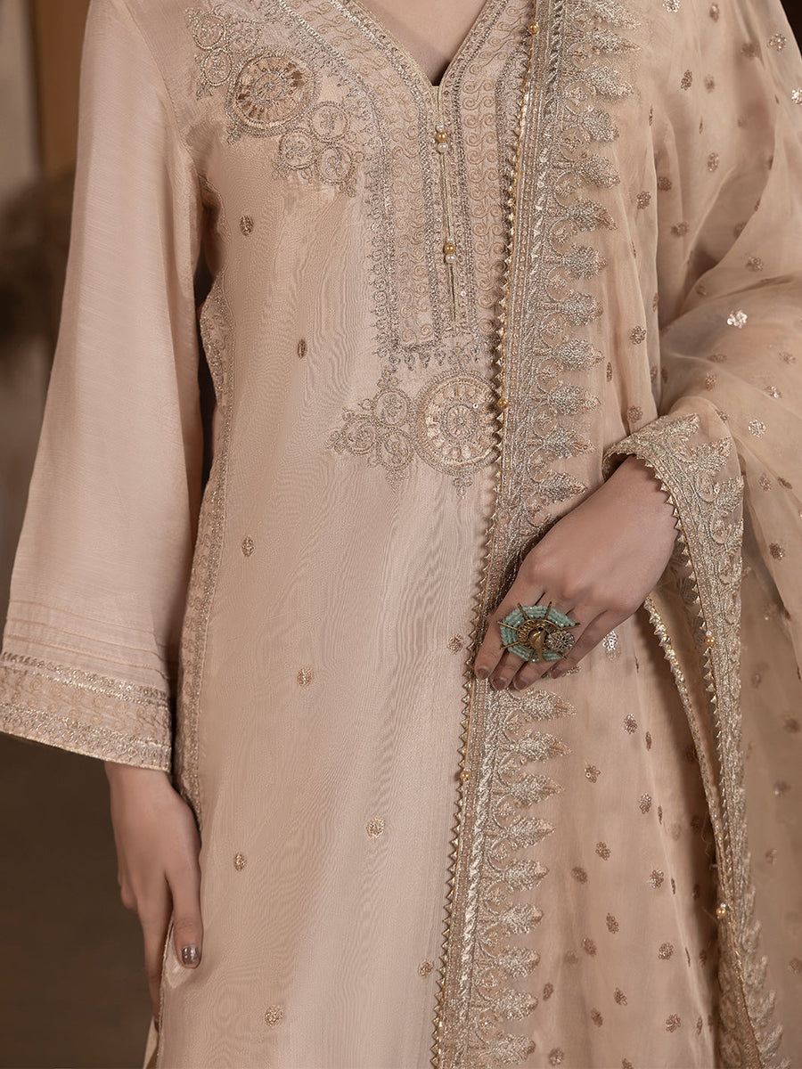 Hemstitch Embroidered Raw Silk Ready to Wear 3Pc Suit - Janan