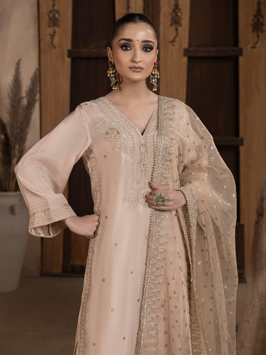 Hemstitch Embroidered Raw Silk Ready to Wear 3Pc Suit - Janan