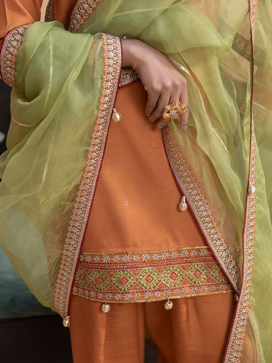 Hemstitch Embroidered Raw Silk Ready to Wear 3Pc Suit - Kashish