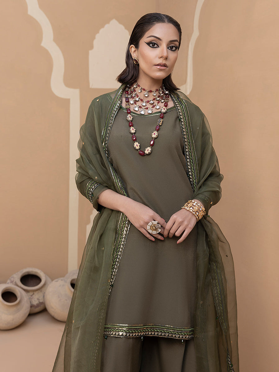 Hemstitch Embroidered Raw Silk Ready to Wear 3Pc Suit - Noor