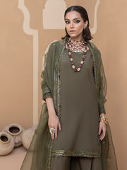 Hemstitch Embroidered Raw Silk Ready to Wear 3Pc Suit - Noor