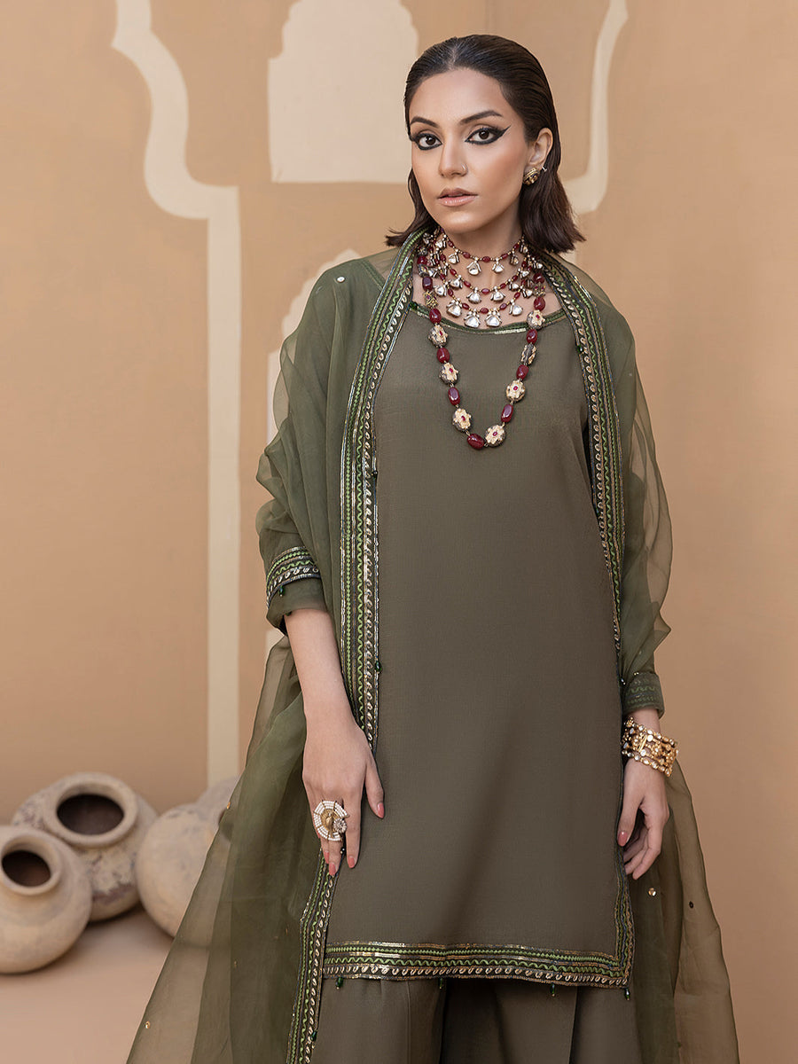 Hemstitch Embroidered Raw Silk Ready to Wear 3Pc Suit - Noor