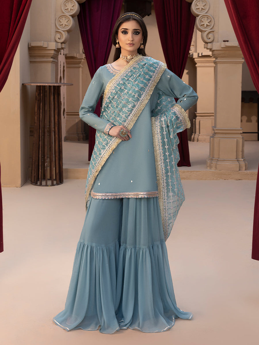 Hemstitch Embroidered Raw Silk Ready to Wear 3Pc Suit - Layla