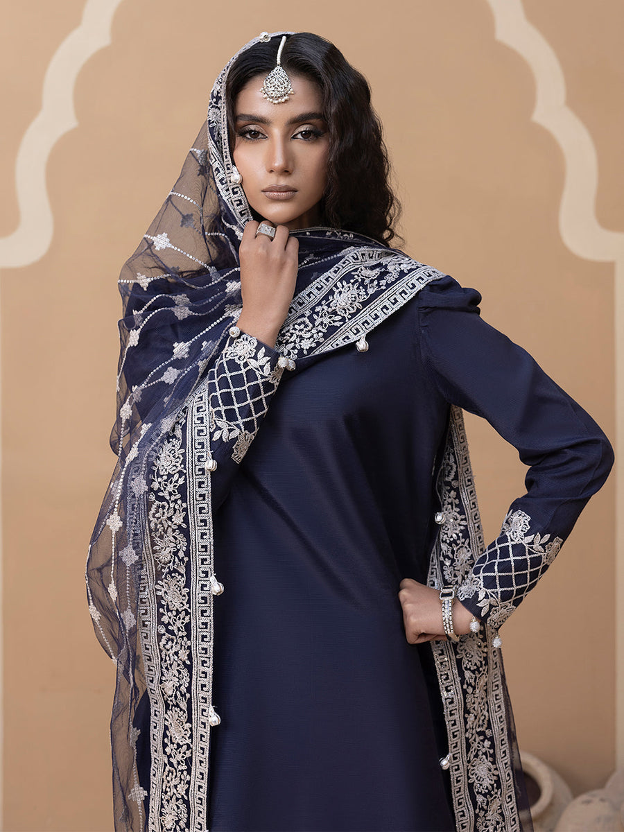 Hemstitch Embroidered Raw Silk Ready to Wear 3Pc Suit - Khayal