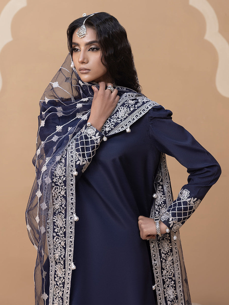 Hemstitch Embroidered Raw Silk Ready to Wear 3Pc Suit - Khayal