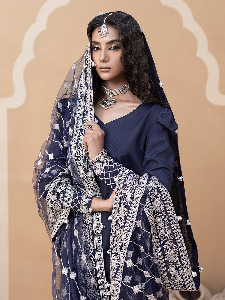 Hemstitch Embroidered Raw Silk Ready to Wear 3Pc Suit - Khayal