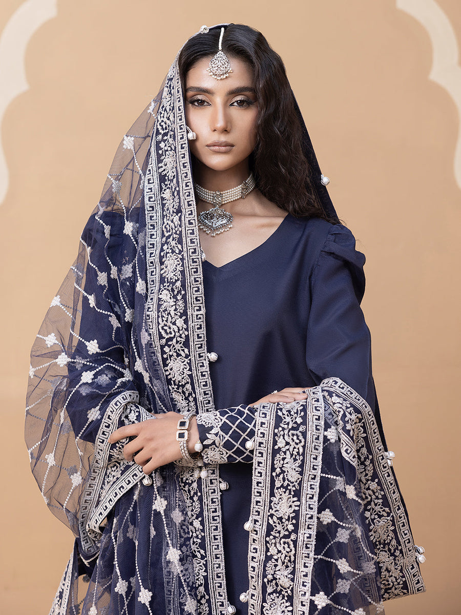 Hemstitch Embroidered Raw Silk Ready to Wear 3Pc Suit - Khayal
