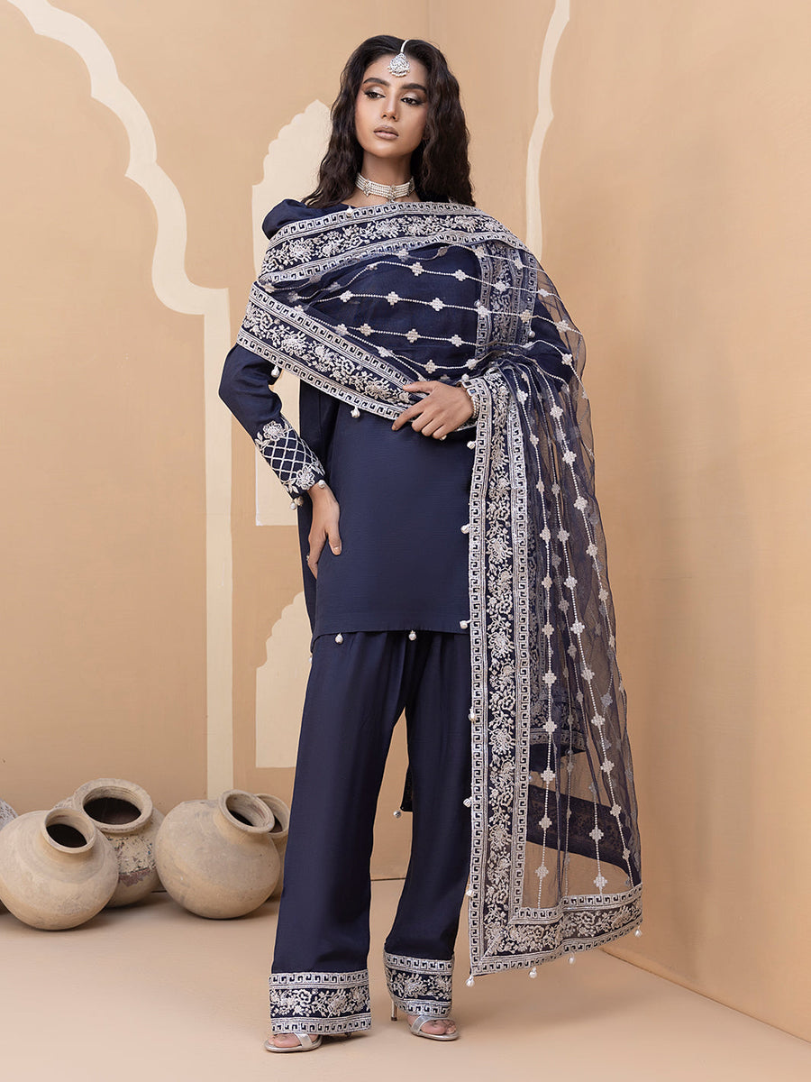 Hemstitch Embroidered Raw Silk Ready to Wear 3Pc Suit - Khayal