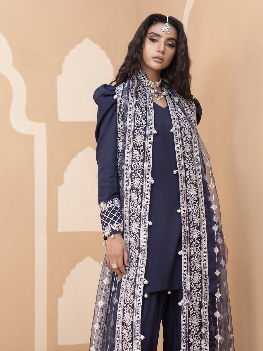 Hemstitch Embroidered Raw Silk Ready to Wear 3Pc Suit - Khayal