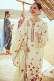 Cross Stitch Embroidered Satin Unstitched 3Pc Suit - CREWEL CREAM
