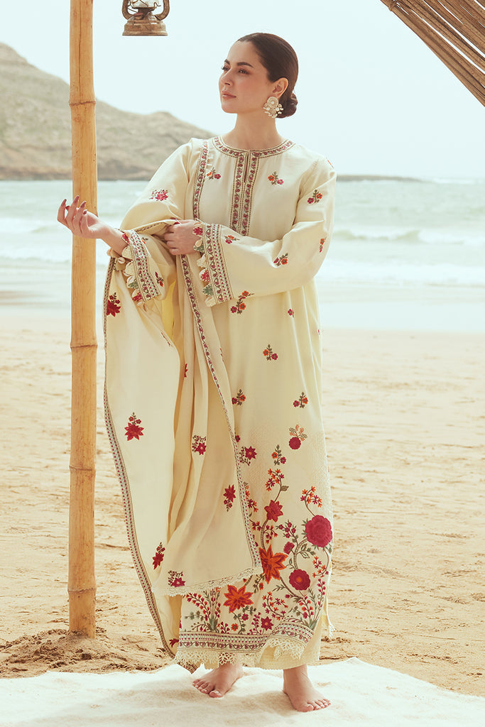 Cross Stitch Embroidered Satin Unstitched 3Pc Suit - CREWEL CREAM