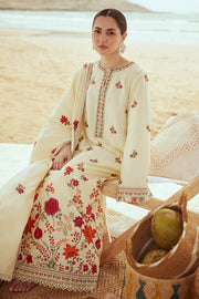 Cross Stitch Embroidered Satin Unstitched 3Pc Suit - CREWEL CREAM