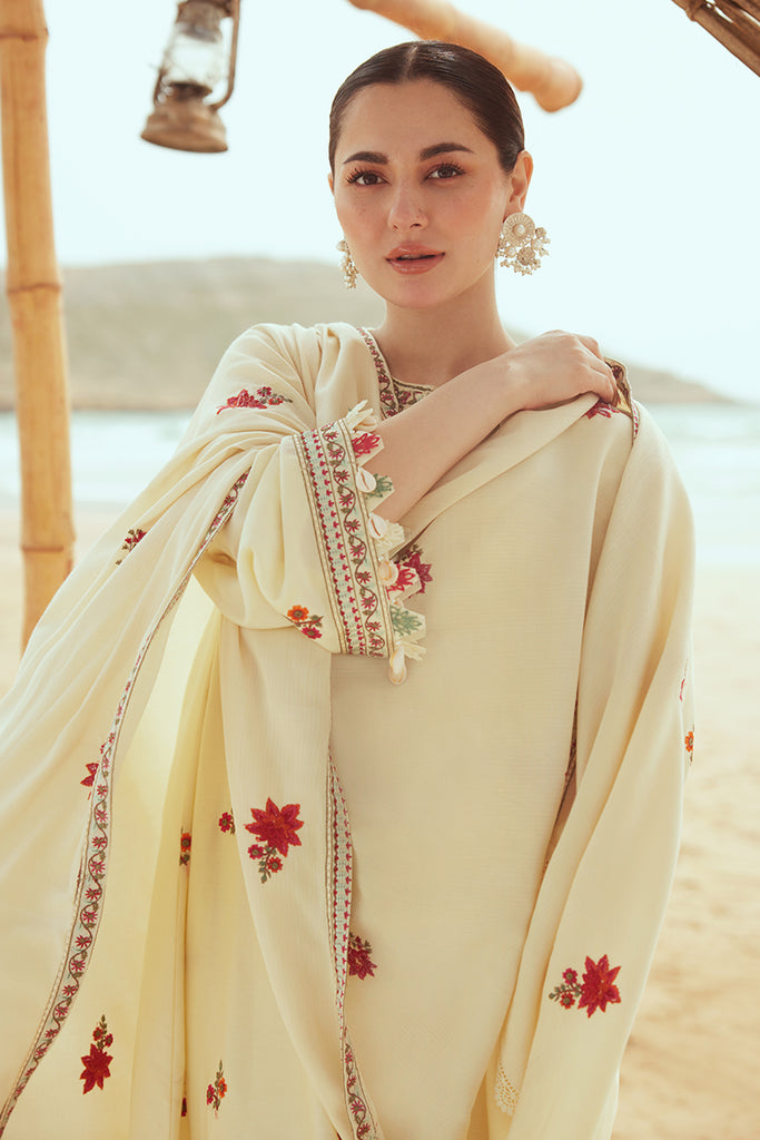 Cross Stitch Embroidered Satin Unstitched 3Pc Suit - CREWEL CREAM