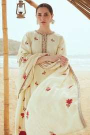 Cross Stitch Embroidered Satin Unstitched 3Pc Suit - CREWEL CREAM