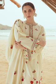Cross Stitch Embroidered Satin Unstitched 3Pc Suit - CREWEL CREAM