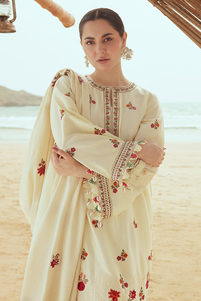 Cross Stitch Embroidered Satin Unstitched 3Pc Suit - CREWEL CREAM