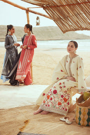 Cross Stitch Embroidered Satin Unstitched 3Pc Suit - CREWEL CREAM