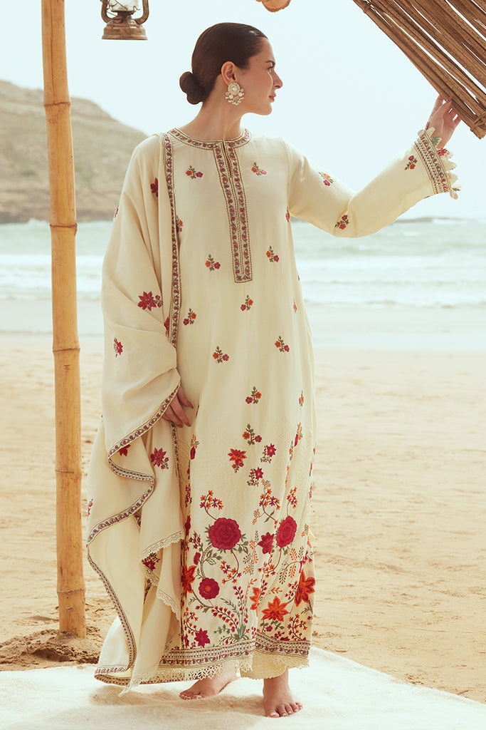 Cross Stitch Embroidered Satin Unstitched 3Pc Suit - CREWEL CREAM
