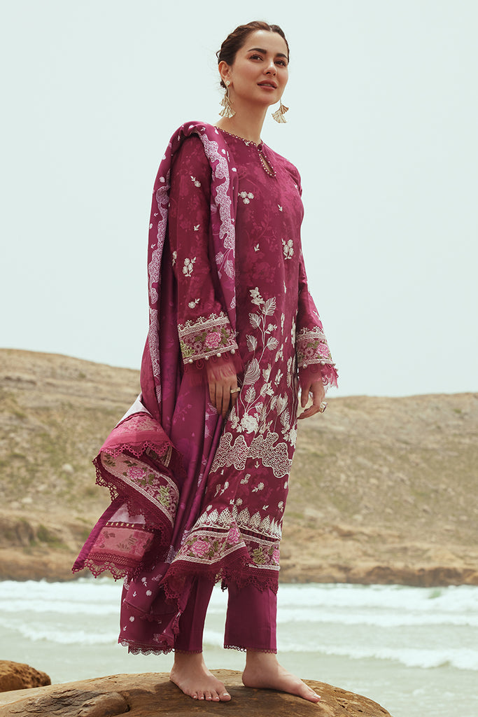 Cross Stitch Embroidered Satin Unstitched 3Pc Suit - FUCHSIA FLORET