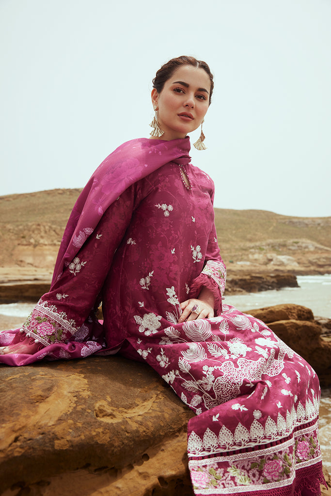 Cross Stitch Embroidered Satin Unstitched 3Pc Suit - FUCHSIA FLORET