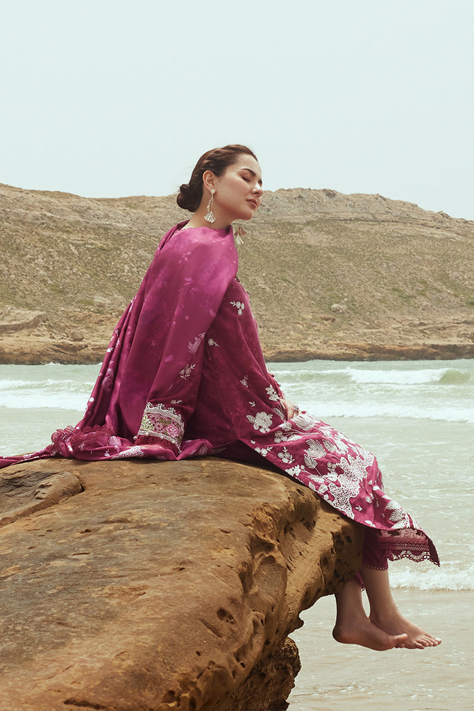 Cross Stitch Embroidered Satin Unstitched 3Pc Suit - FUCHSIA FLORET