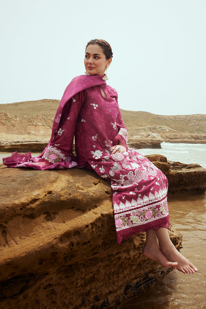 Cross Stitch Embroidered Satin Unstitched 3Pc Suit - FUCHSIA FLORET
