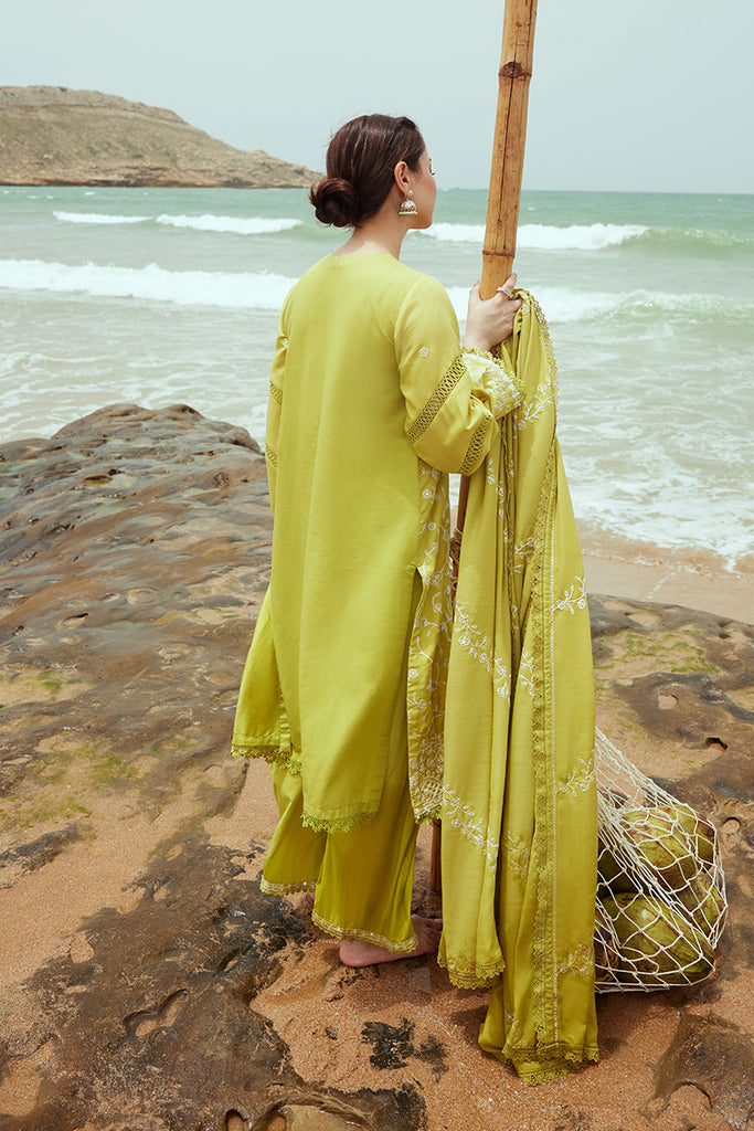 Cross Stitch Embroidered Satin Unstitched 3Pc Suit - OLIVE TWINE