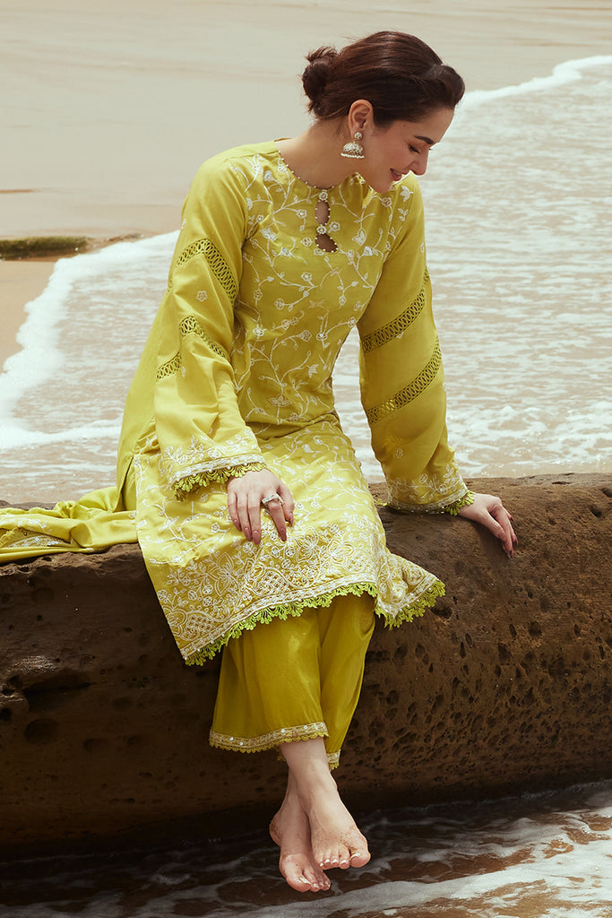 Cross Stitch Embroidered Satin Unstitched 3Pc Suit - OLIVE TWINE
