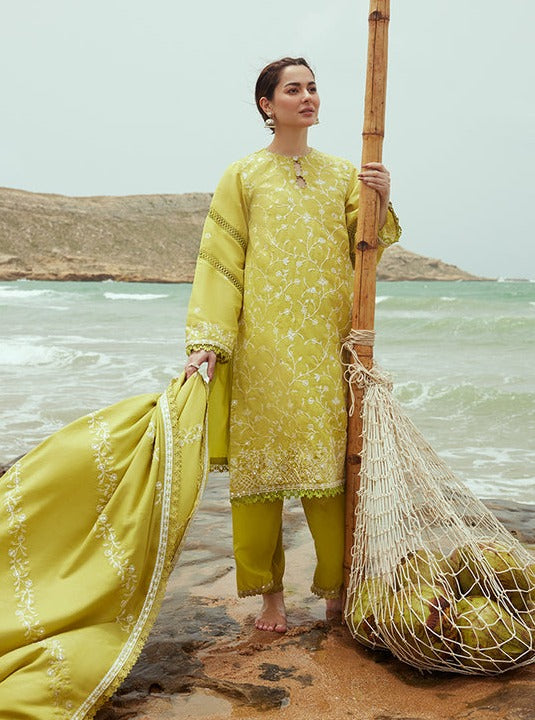 Cross Stitch Embroidered Satin Unstitched 3Pc Suit - OLIVE TWINE