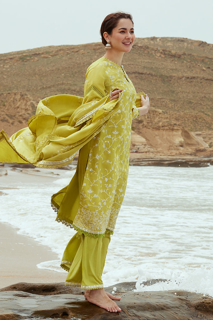 Cross Stitch Embroidered Satin Unstitched 3Pc Suit - OLIVE TWINE