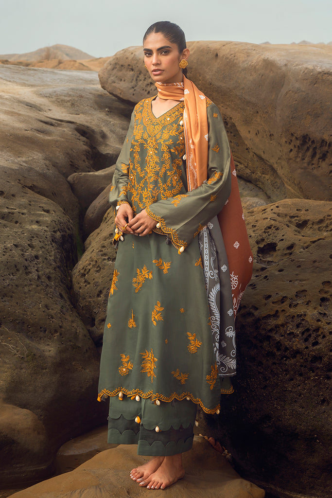 Cross Stitch Embroidered Satin Unstitched 3Pc Suit - SMOKEY FLAIR