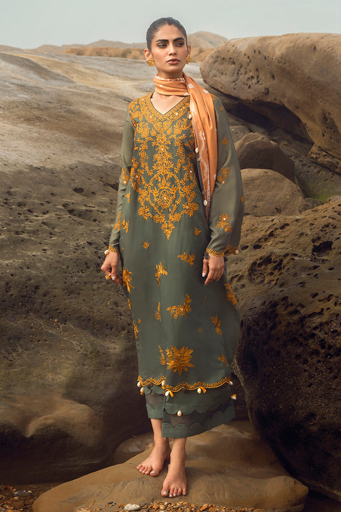 Cross Stitch Embroidered Satin Unstitched 3Pc Suit - SMOKEY FLAIR