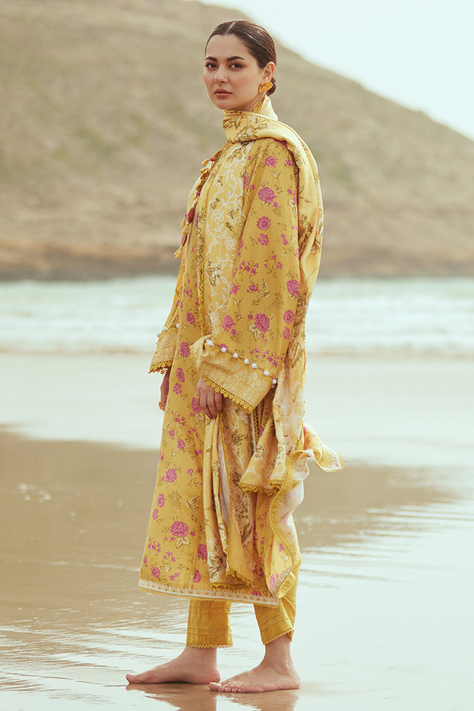 Cross Stitch Embroidered Satin Unstitched 3Pc Suit - BLOOMING GOLD