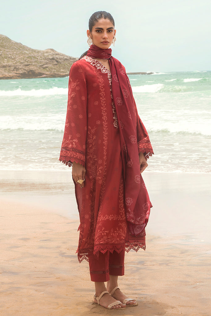 Cross Stitch Embroidered Satin Unstitched 3Pc Suit - ROISIN GARNET