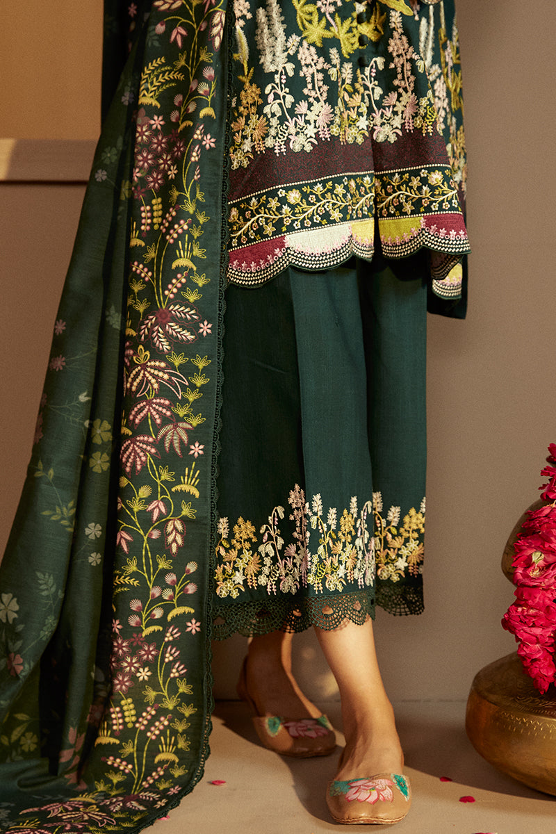 Cross Stitch Embroidered Khaddar Unstitched 3Pc Suit - Emerald Forest