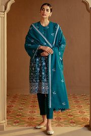 Cross Stitch Embroidered Khaddar Unstitched 3Pc Suit - Turquoise Meadow