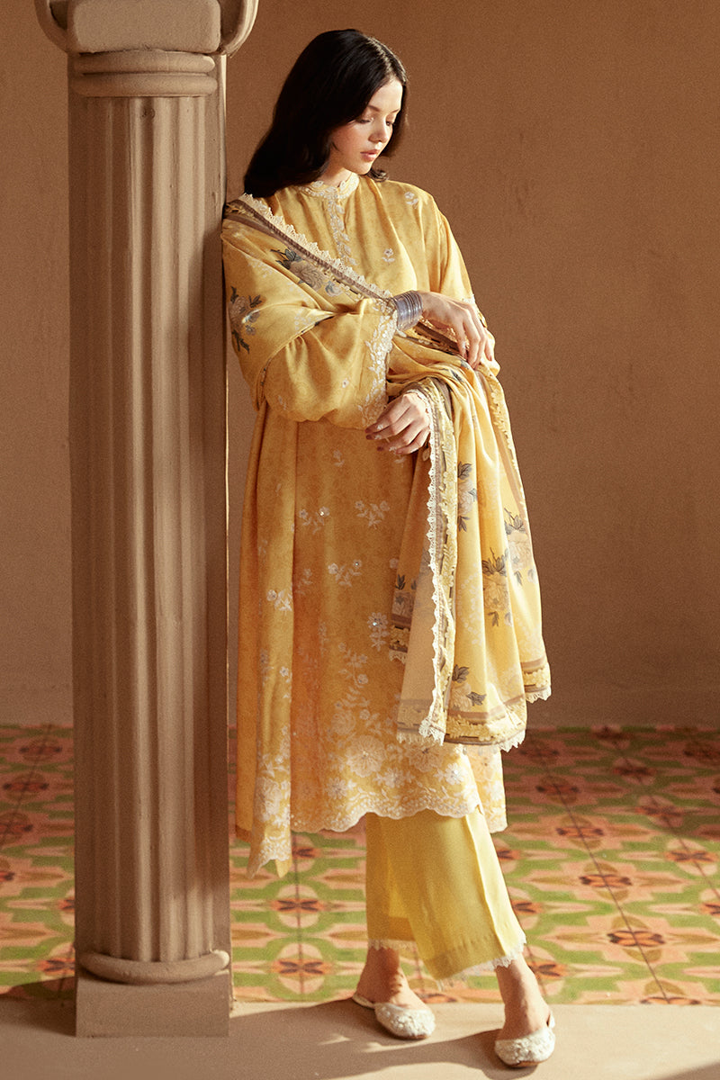 Cross Stitch Embroidered Linen Unstitched 3Pc Suit - Ochre Tint