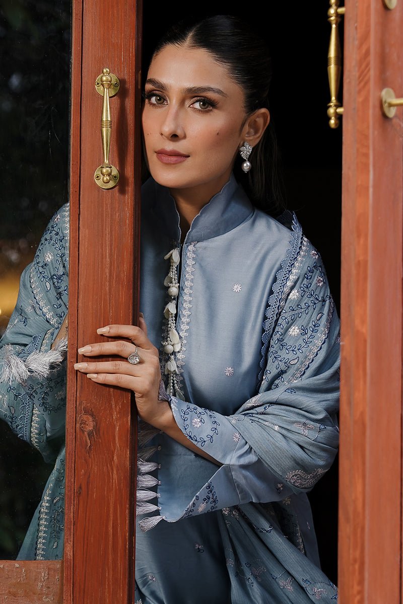 Cross Stitch Satin De Luxe Embroidered Satin Unstitched 3Pc Suit D-01 Serenity Blue
