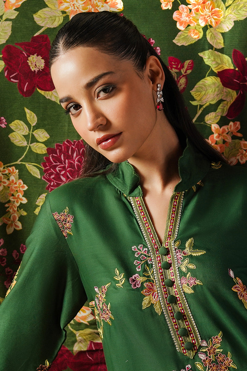 Cross Stitch Satin De Luxe Embroidered Satin Unstitched 3Pc Suit D-04 Green Oasis