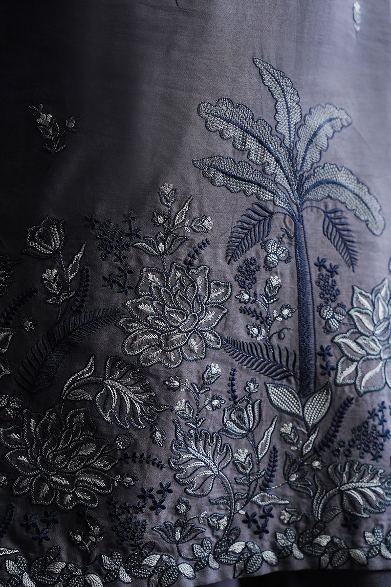 Cross Stitch Satin De Luxe Embroidered Satin Unstitched 3Pc Suit D-07 Indigo Bloom