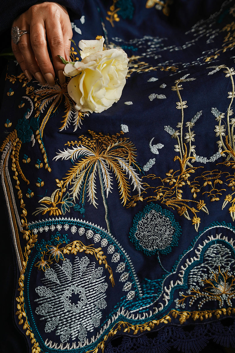 Cross Stitch Satin De Luxe Embroidered Satin Unstitched 3Pc Suit D-08 Celestial Navy