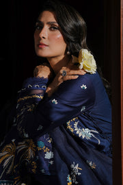 Cross Stitch Satin De Luxe Embroidered Satin Unstitched 3Pc Suit D-08 Celestial Navy