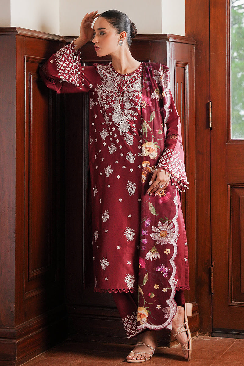 Cross Stitch Satin De Luxe Embroidered Satin Unstitched 3Pc Suit D-11 Deep Berry