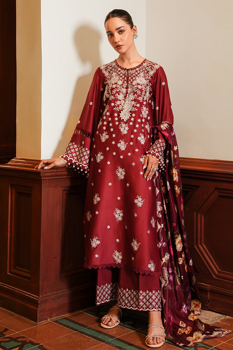Cross Stitch Satin De Luxe Embroidered Satin Unstitched 3Pc Suit D-11 Deep Berry