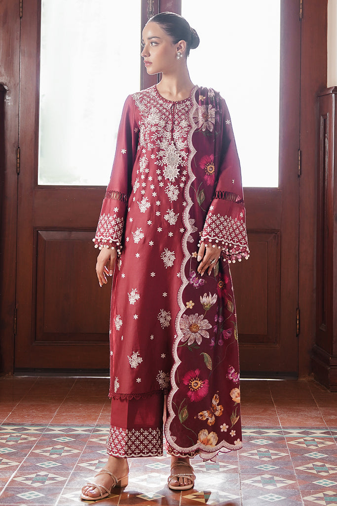 Cross Stitch Satin De Luxe Embroidered Satin Unstitched 3Pc Suit D-11 Deep Berry