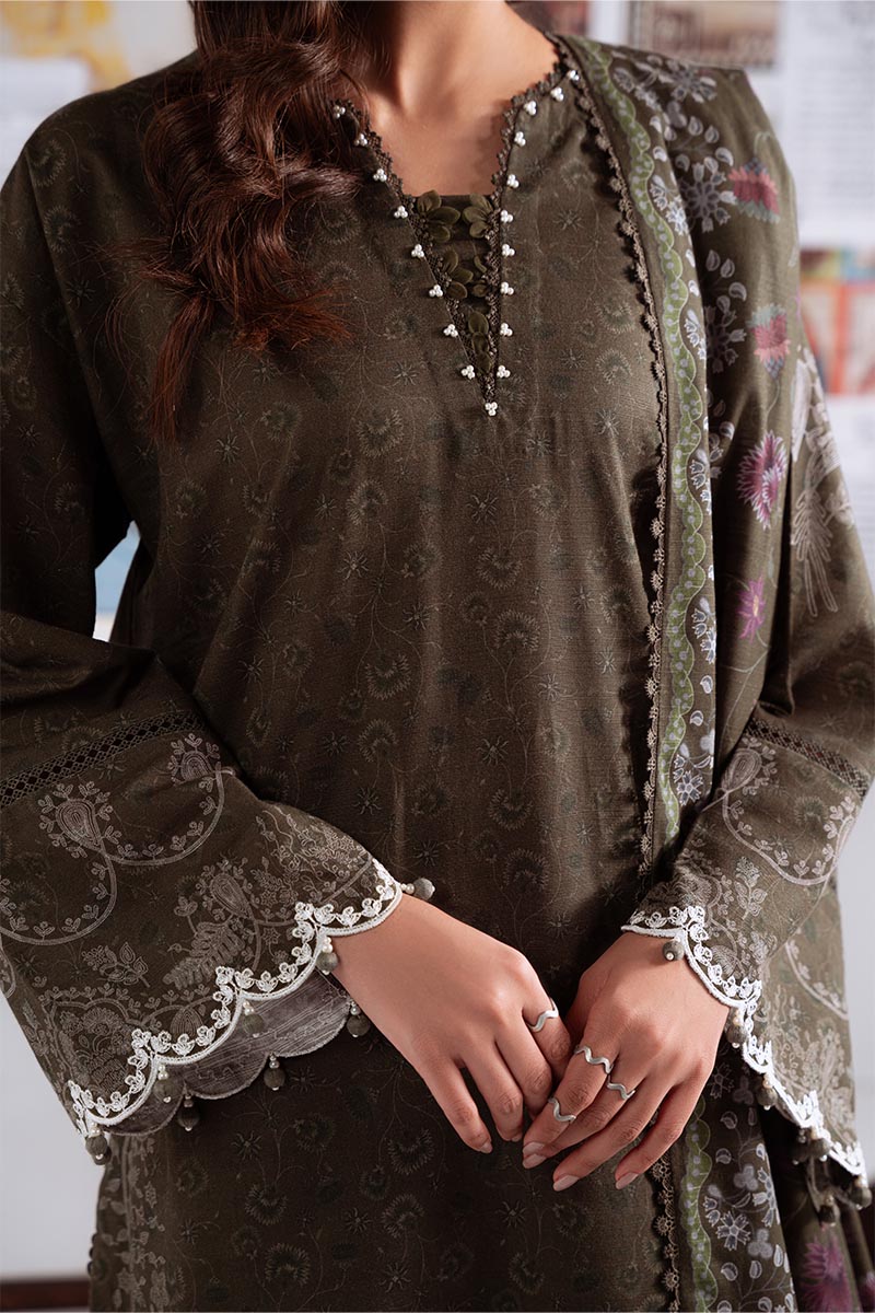 Cross Stitch Embroidered Khaddar Unstitched 3Pc Suit D-20 Olive Charm