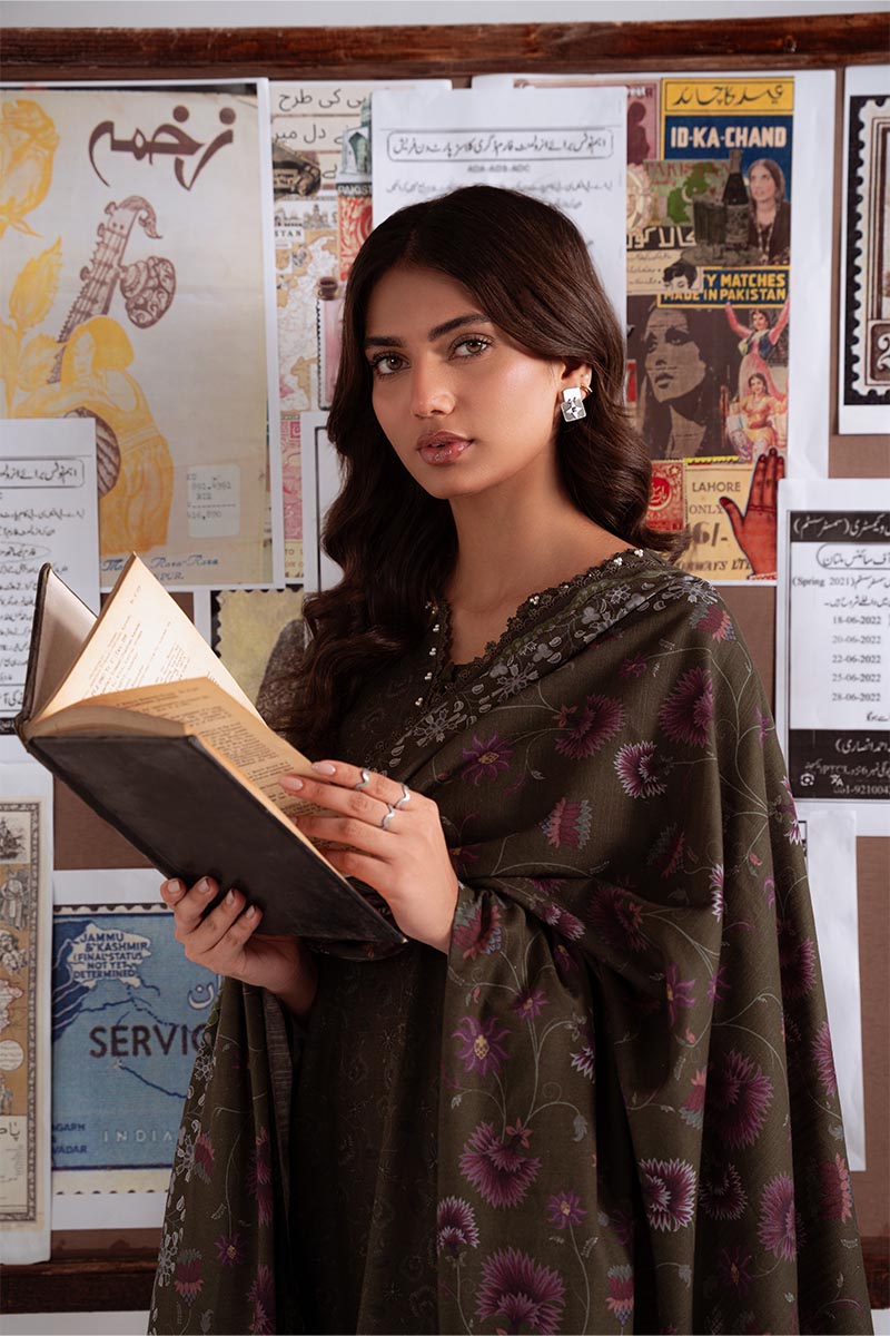 Cross Stitch Embroidered Khaddar Unstitched 3Pc Suit D-20 Olive Charm