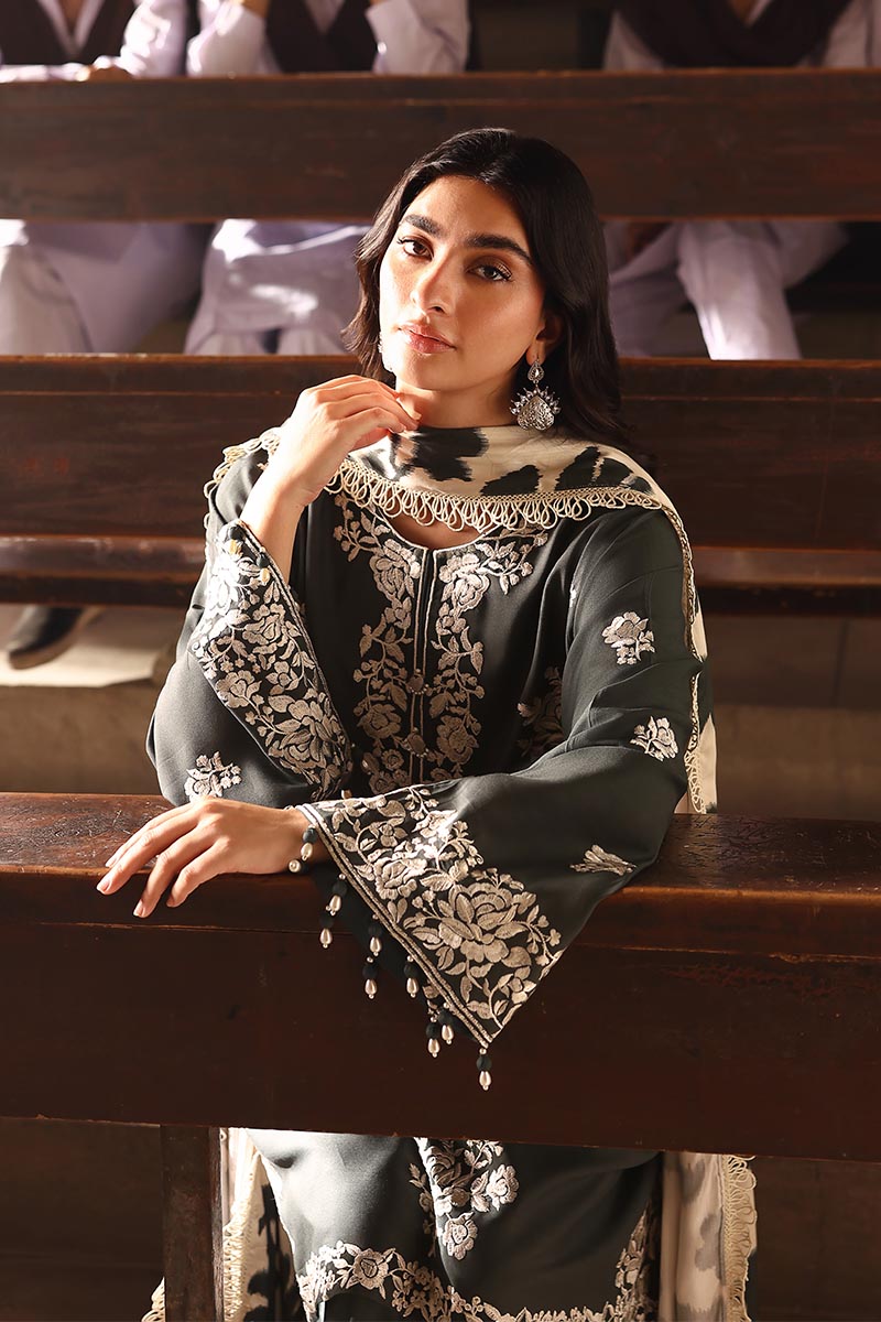 Cross Stitch Embroidered Linen Unstitched 3Pc Suit D-09 Vintage Gray